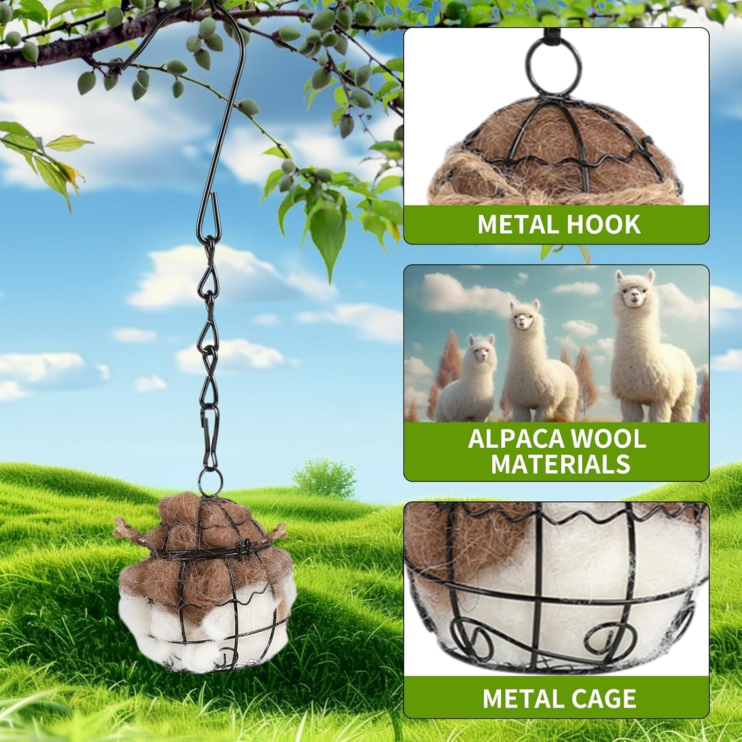 Bird Nesting Material, Hummingbird Nesters, Natural Alpaca Wool Material for Wild Birds, Design for Bird Lover Gifts, Bird Watching Gifts, Refillable Outdoor Bird Nesting Station