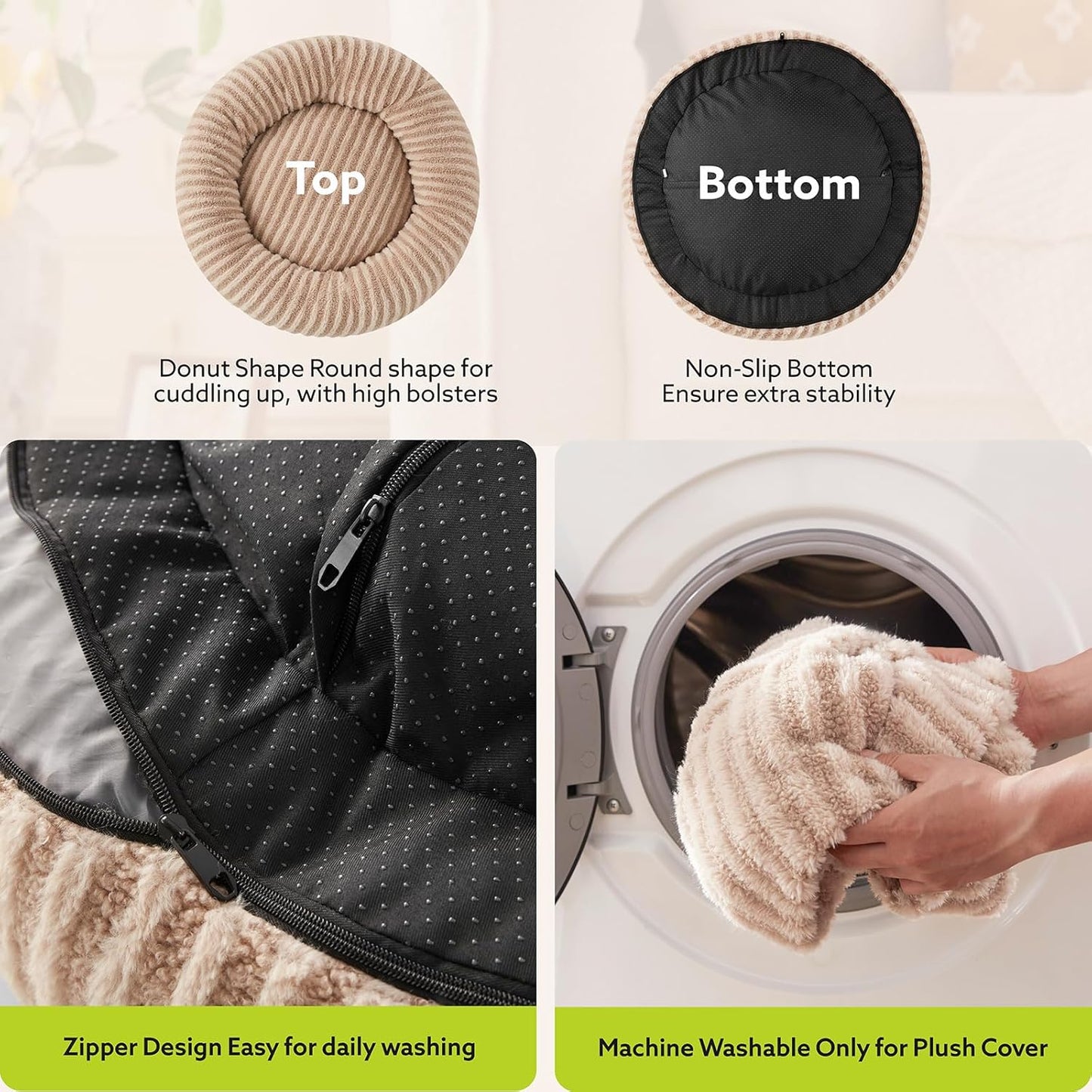 MIXJOY Dog Bed Medium Size Dogs, Washable Medium Dogs Bed with Removable Cover, Cozy Donut Dog Ded Fluffy Plush Faux Fur Pet Bed with Anti-Slip Bottom, 30"x30"x8", Beige