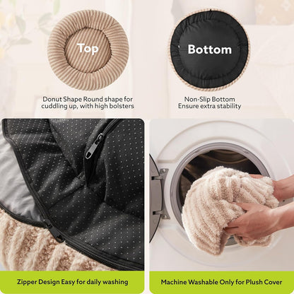 MIXJOY Dog Beds for Small Dogs, Washable Dog Bed with Removable Cover, Small Cat Bed for Indoor Cats, Calming Soft Dount Pet Beds with Anti Slip Bottom, Cute Puppy Beds, 23"x23"x8", Beige