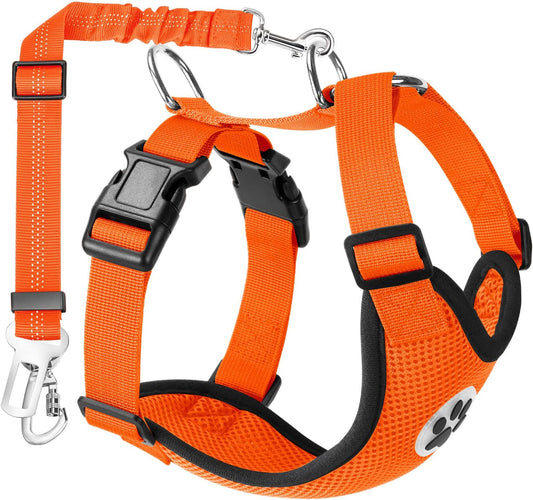 Lukovee Dog Seat Belt for Car, Adjustable Dog Car Harness for Large Medium Small Dogs, Soft Padded & Breathable Mesh Dog Seatbelt with Car Vehicle Connector Strap (Orange Double Clip,Medium)