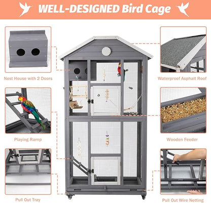 Outdoor Bird Cage Large, Wooden Flight Aviary with Perches, Nest Habitat, and Easy-Clean Pull Out Tray for Parakeets, Macaws, and More