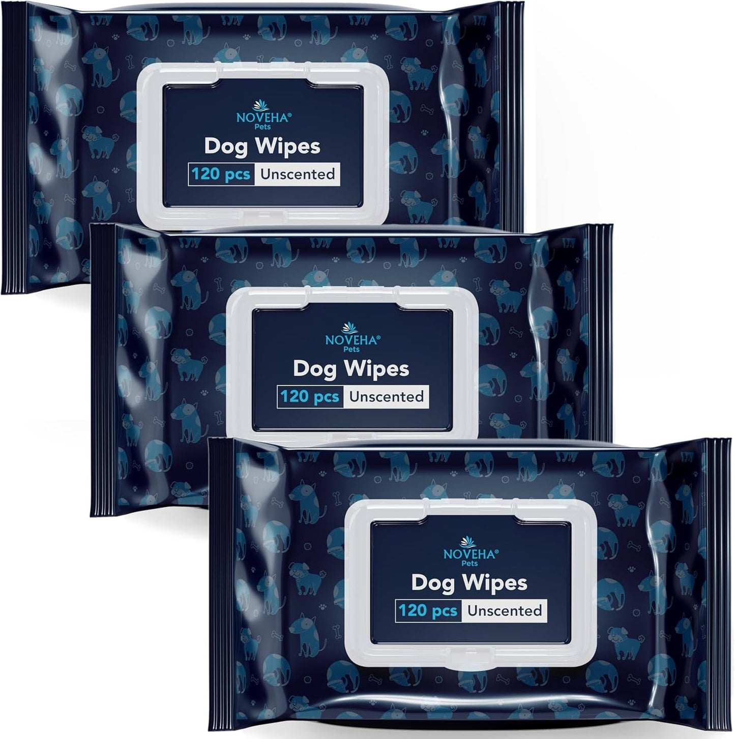 NOVEHA 360PCs Dog Wipes - Odor Eliminating and Cleaning Grooming Wipes for Dog's Paws, Body, and Butt - Perfect for Puppy and Adult Dogs - Plant-Based, Safe, Convenient & Large Unscented Wipes - 3pack