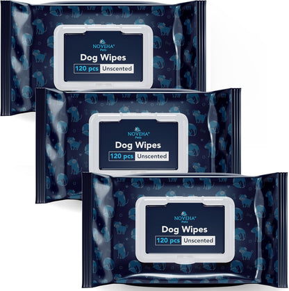 NOVEHA 360PCs Dog Wipes - Odor Eliminating and Cleaning Grooming Wipes for Dog's Paws, Body, and Butt - Perfect for Puppy and Adult Dogs - Plant-Based, Safe, Convenient & Large Unscented Wipes - 3pack