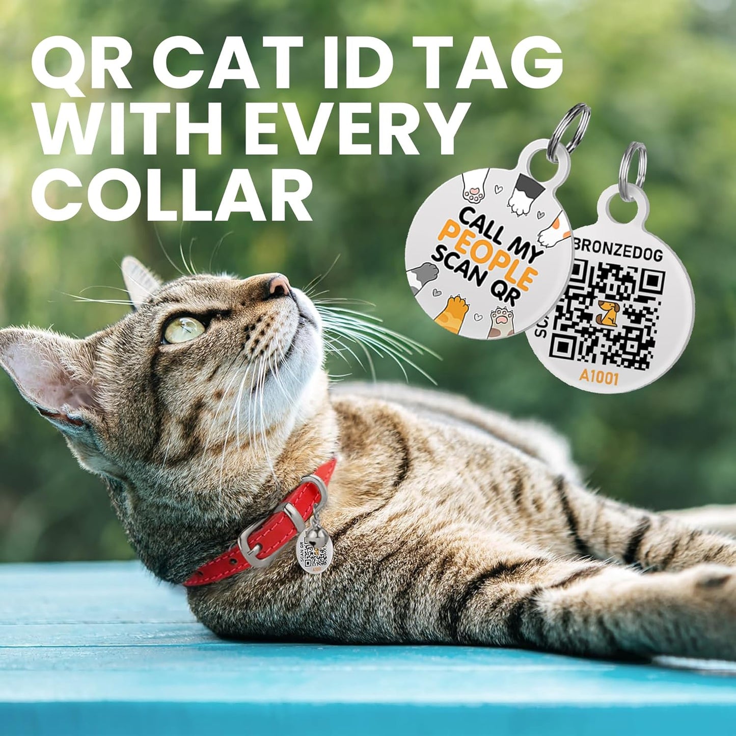 BRONZEDOG Leather Cat Collar with Removable Bells Non Breakaway Kitten QR Tag for Girl Boy (7" - 9" for Cats, Red & Silver)