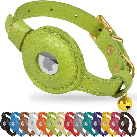 OOPSDOGGY Leather AirTag Cat Collar with Bell - Non Breakaway Kitten Collar with Apple Air Tag Holder - Lightweight GPS Pet Collars for Girl Boy Cats, Small Dogs, Puppies (Lime Green)