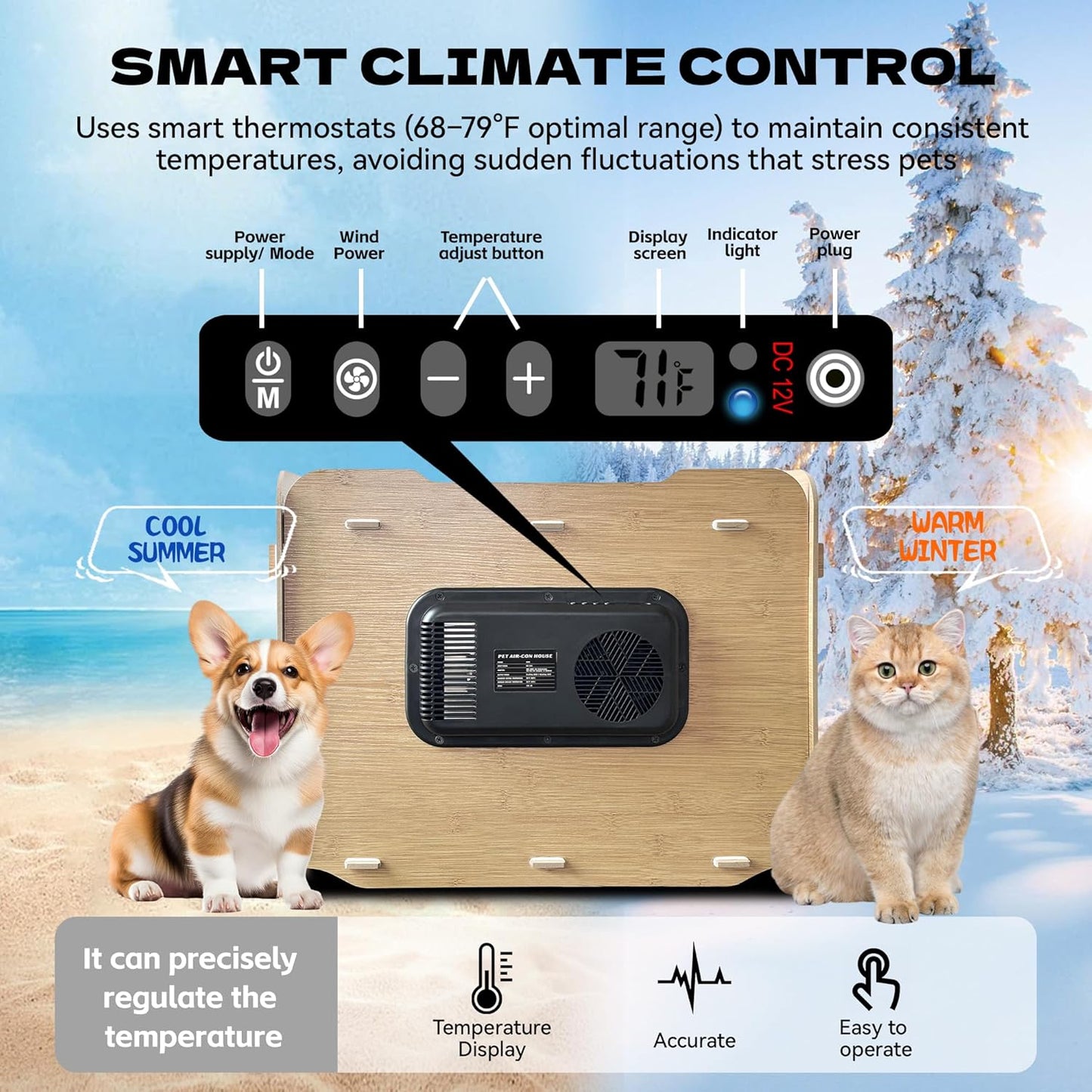 Air Conditioned Cat House for Outdoors – Self-Regulating Cooling & Heating Pet Bed with Turbo/Silent Modes, Bite-Proof & Easy Setup (Up to 15 lbs)