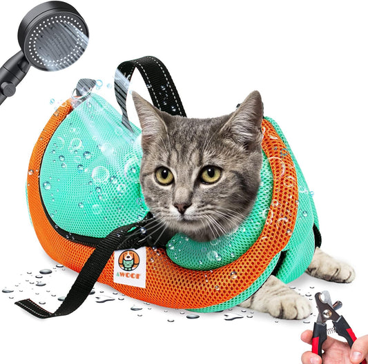 AWOOF Cat Grooming Bag Adjustable Cat Bathing Bag Anti Scratch Bite Restraint Bag Cat Sling Bag Durable Mesh Cat Shower Bag for Small Medium Large Cats Nail Trimming Ear Cleaning Medicine Taking