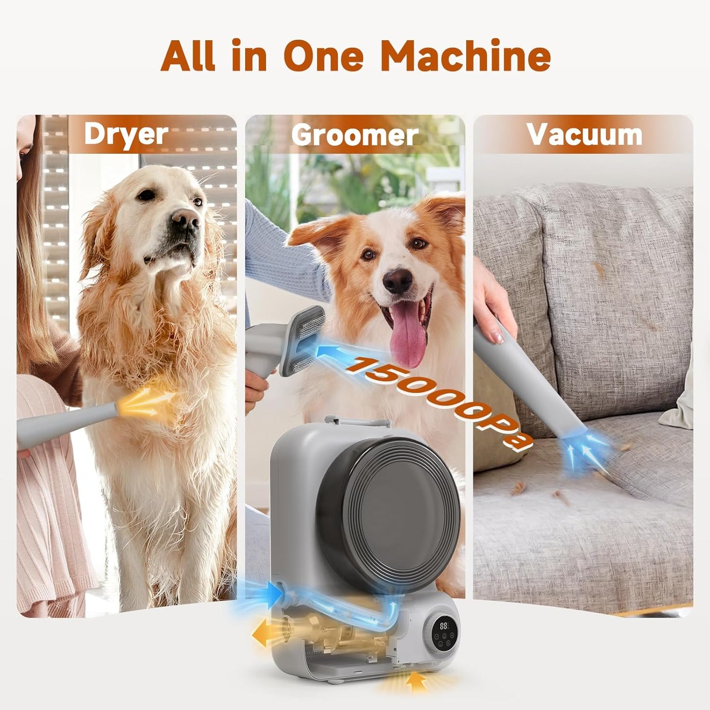 BONJELA Pet Grooming Vacuum and Dryer for Dogs with 3L Large Canister, Dog Grooming Vacuum Able to Store All Attachments, Powerful 15000Pa Suction Dog Vacuum for Shedding Grooming, Grey