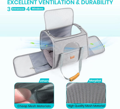 Morpilot Portable Cat Carrier - Soft Sided Cat Carrier for Medium Cats and Puppy up to 15lbs, Pet Carrier with Locking Safety Zippers, Foldable Bowl, Airline Approved Travel Dog Carrier - Light Gray