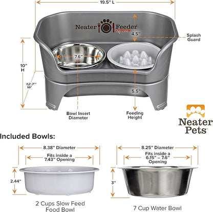 Neater Feeder Express Mess Proof Dog Bowls Elevated for Medium and Large Breed – Made in USA – No Spill Raised Slow Feeder Elevated Dog Bowl Stand, Slow Feed Food and Water Bowl Set, Grey