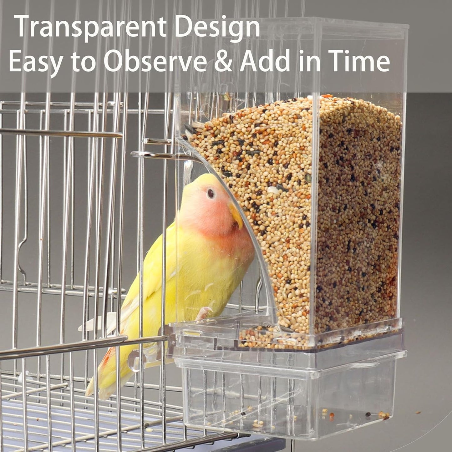 No Mess Bird Feeder for Cage, Automatic No-Spill Transparent Parrot Feeder Acrylic Cockatiel Seed Feeders with PerchParakeet Food Container Cage Accessories for Small Medium Cockatoo Finch