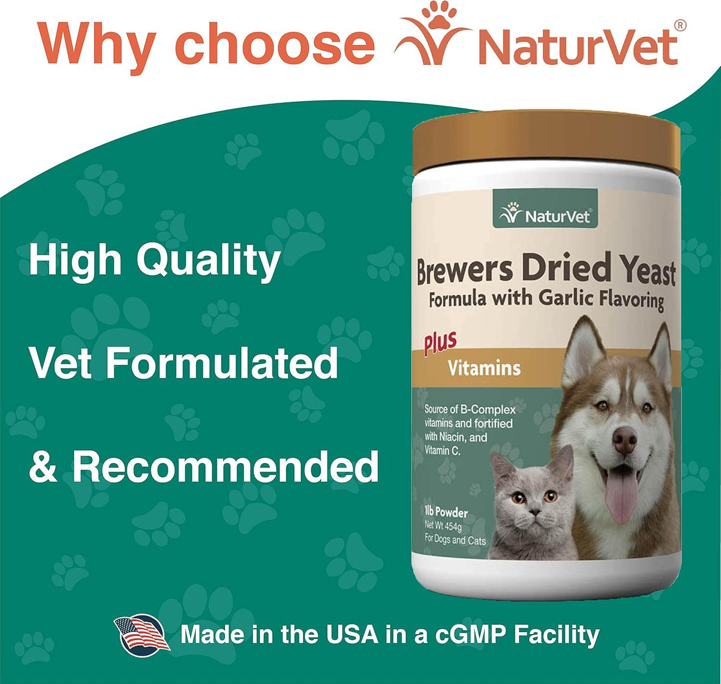 NaturVet Brewers Dried Yeast Formula with Garlic Flavoring Plus Vitamins for Dogs and Cats, Powder, Made in The USA with Globally Source Ingredients 1 Pound