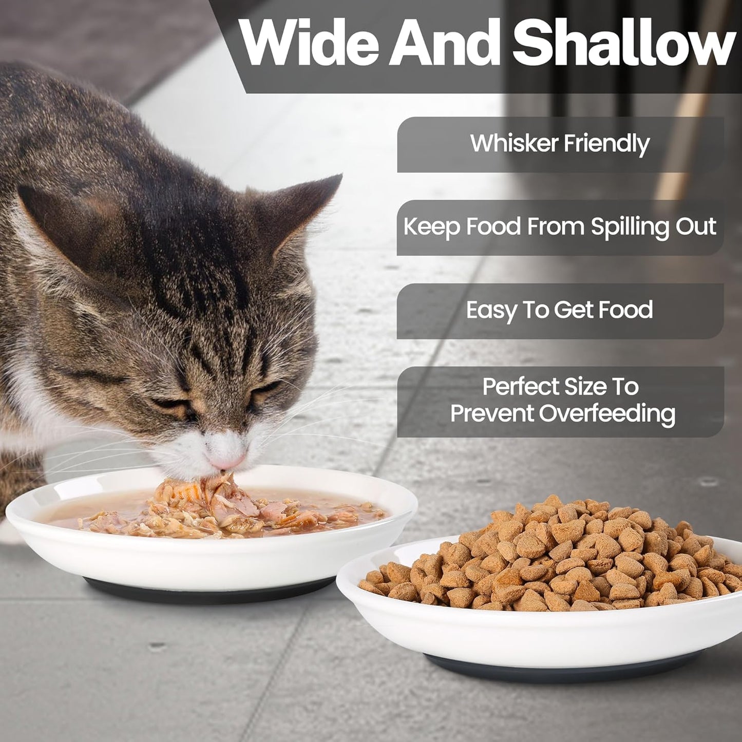 Cat Food Bowls, Whisker Friendly Ceramic Cat Bowls with Nonslip Silicone Bottom, Pack of 3 Quiet Cat Dishes and Plates for Feeding Indoor Cats, Kittens and Small Dogs(Cat Paw)