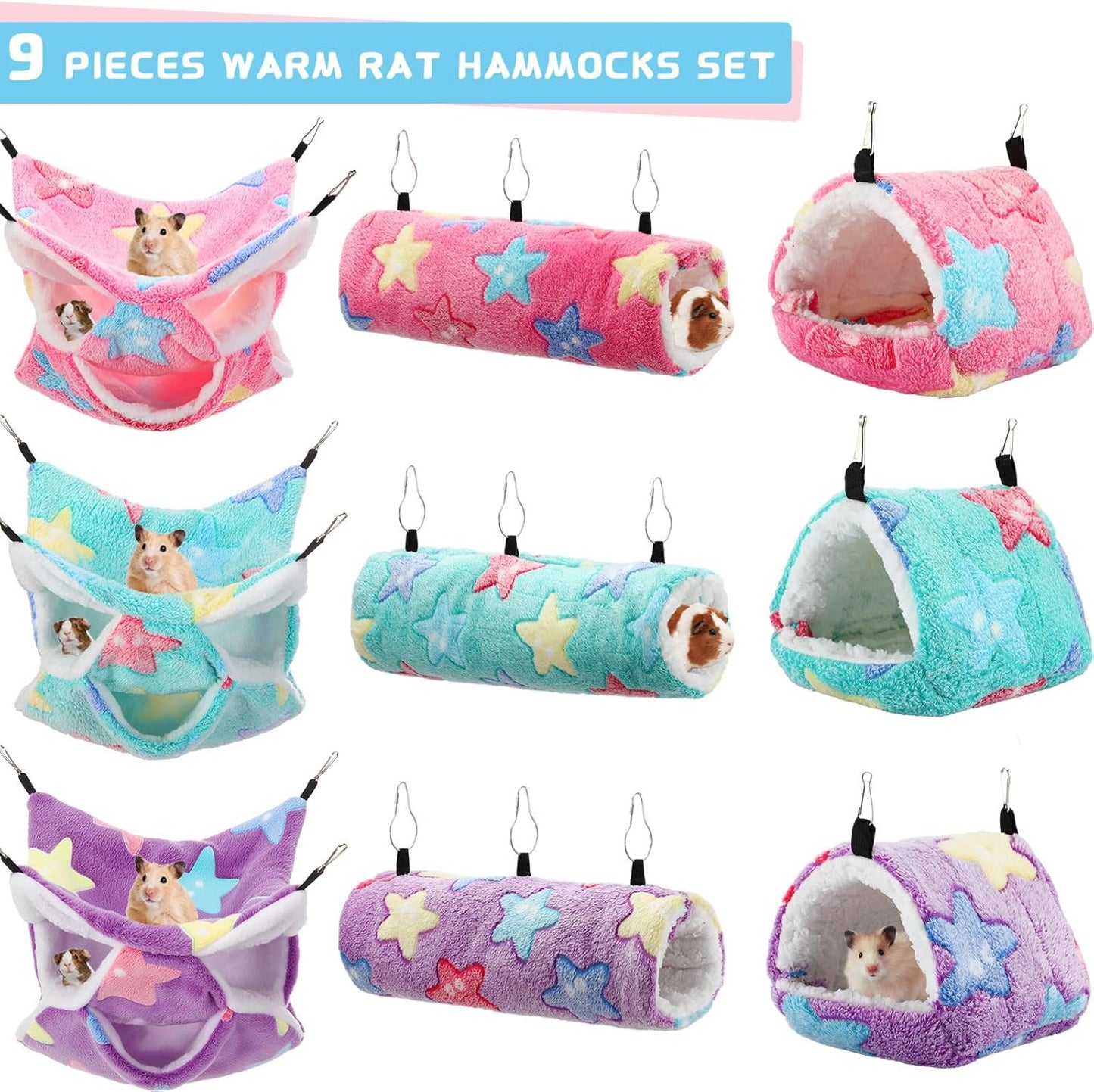 Abbylike 9 Pieces Rat Hammock 3 Tier Guinea Pig Ferret Hammocks Small Pet Hanging Tunnel Glider Toy Guinea Pig Ferret Hideout Bed Cage Accessories for Hamster(Green, Purple, Pink,Star)