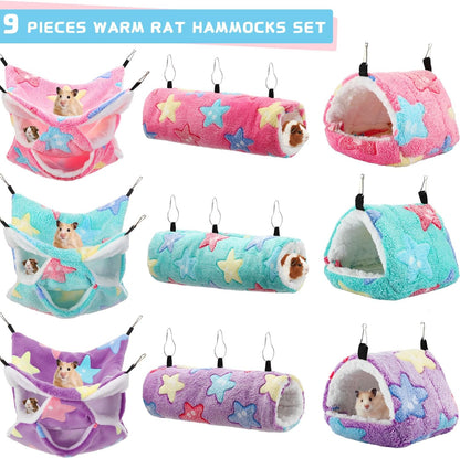 Abbylike 9 Pieces Rat Hammock 3 Tier Guinea Pig Ferret Hammocks Small Pet Hanging Tunnel Glider Toy Guinea Pig Ferret Hideout Bed Cage Accessories for Hamster(Green, Purple, Pink,Star)