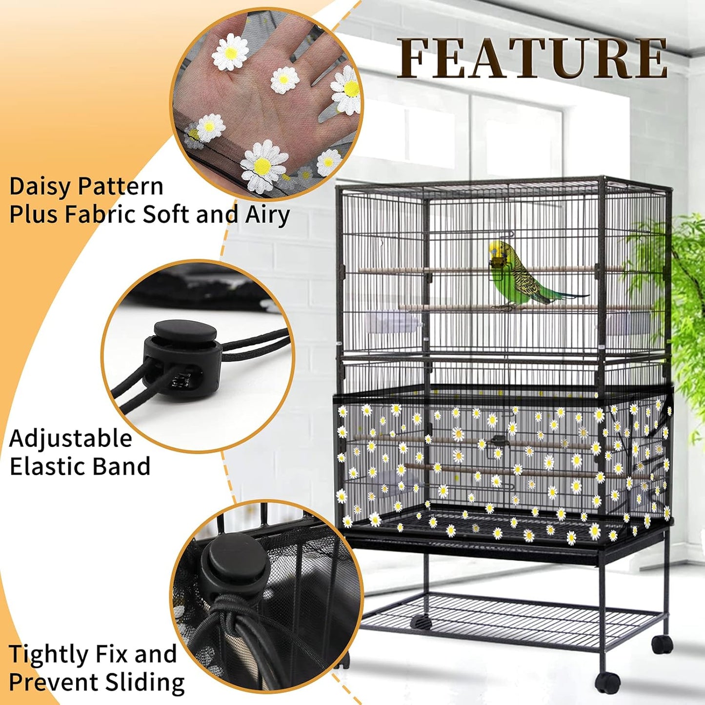 Daoeny Large Bird Cage Cover, Bird Cage Seed Catcher, Adjustable Soft Nylon Mesh Net with Daisy Pattern, Birdcage Cover Skirt Seed Guard for Parrot Parakeet Macaw Round Square Cages (Black)