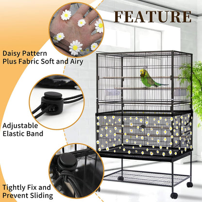 Daoeny Large Bird Cage Cover, Bird Cage Seed Catcher, Adjustable Soft Nylon Mesh Net with Daisy Pattern, Birdcage Cover Skirt Seed Guard for Parrot Parakeet Macaw Round Square Cages (Black)