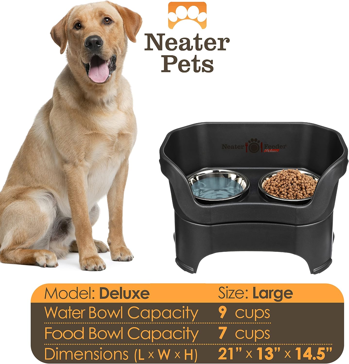 Neater Pet Brands Neater Feeder Deluxe Mess Proof Dog Bowls Elevated for Large Dogs Over 40 lbs, Made in USA, No Spill Raised Dog Food Bowl Stand Feeding Station, Food and Water Bowl Set, Black