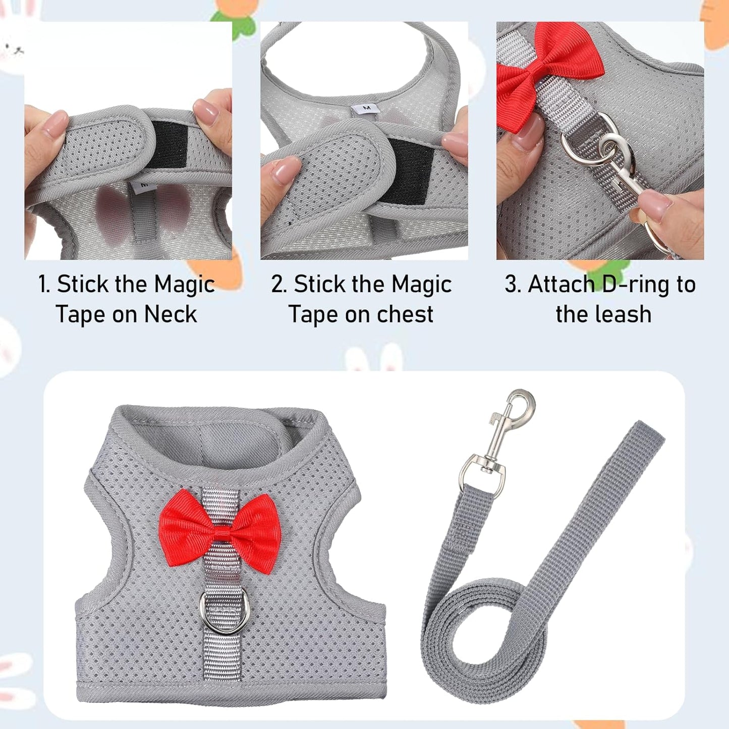 Rabbit Harness and Leash Set with a Cute Bow, Soft Mesh Vest-Style Carrier, Adjustable Rabbit Vest, Suitable for Rabbits, Kittens, Ferrets, Miniature Pigs, and Puppies, Gray Size M