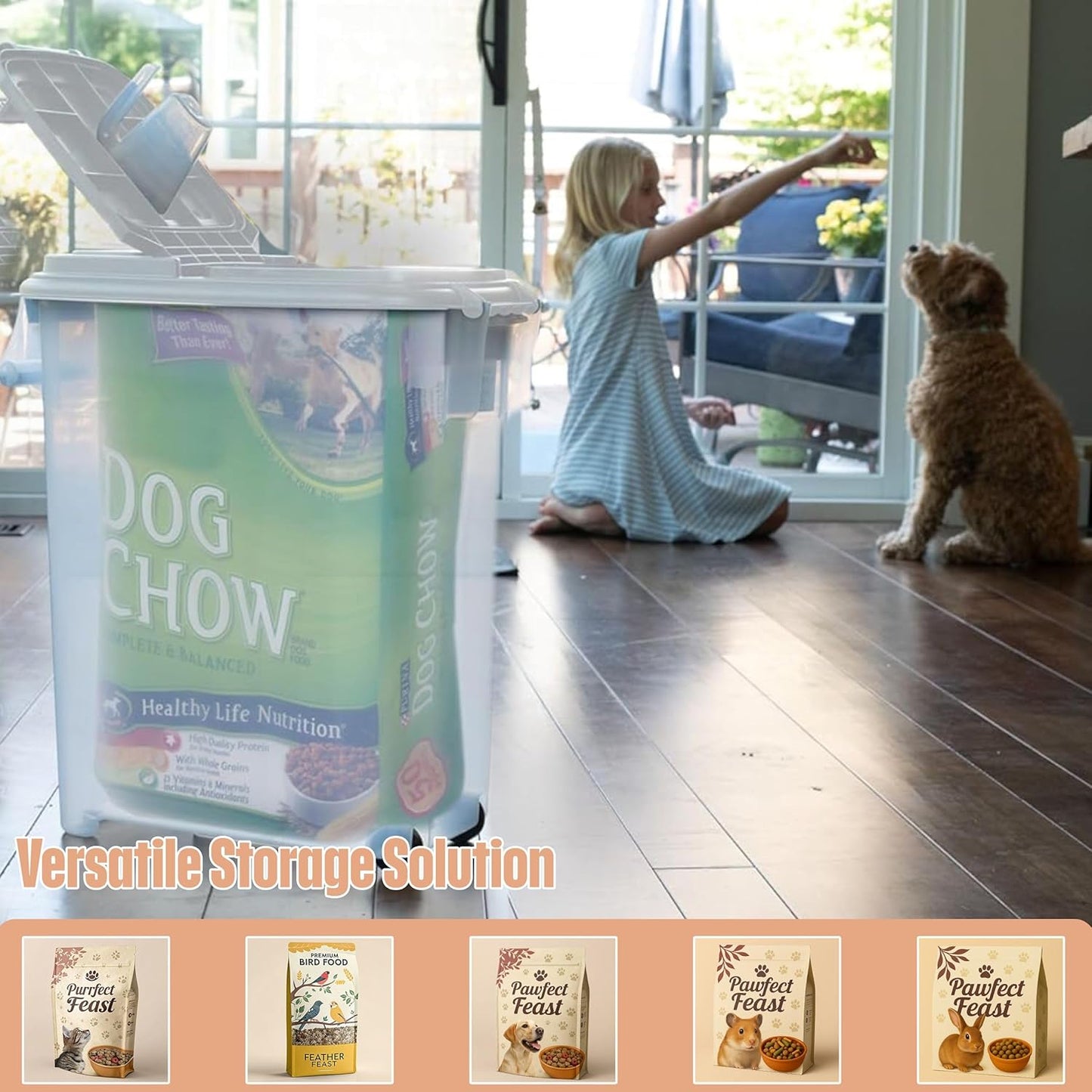 Buddeez Airtight Pet Food Storage Container - 50 QT/50 LB Capacity Dog Food Storage Container, Cat Food Container, Bird Seed Storage Container, Rolling Storage Bin, Air Tight with Handle & Scoop