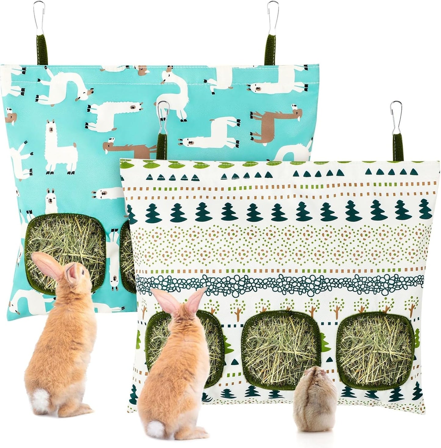 UPINS 2 Hay Bag for Rabbits 3-Hole Guinea Pig Hay Bags Hanging Hay Feeder, Hay Feeder for Rabbits Small Pets Chinchillas Hamstersand Animals