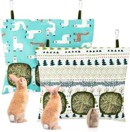 UPINS 2 Hay Bag for Rabbits 3-Hole Guinea Pig Hay Bags Hanging Hay Feeder, Hay Feeder for Rabbits Small Pets Chinchillas Hamstersand Animals