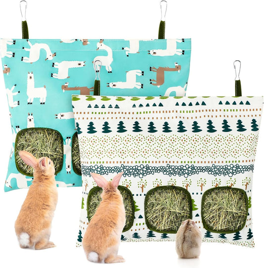 UPINS 2 Hay Bag for Rabbits 3-Hole Guinea Pig Hay Bags Hanging Hay Feeder, Hay Feeder for Rabbits Small Pets Chinchillas Hamstersand Animals