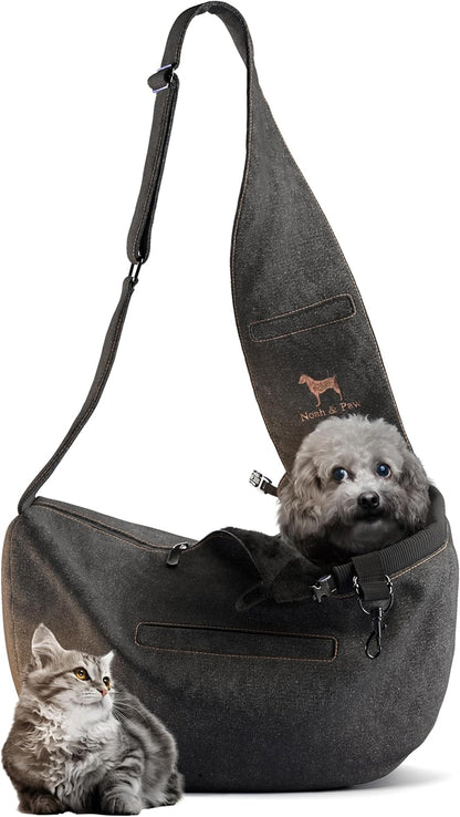 Noah & Paw Dog Sling Carrier for Small Dogs 3-10lb, Dog Sling for Small Dogs and Cats, Dog Carrier with Adjustable Padded Strap, Vegan Denim Lined with Fur, 3X Safety Features, Machine Washable