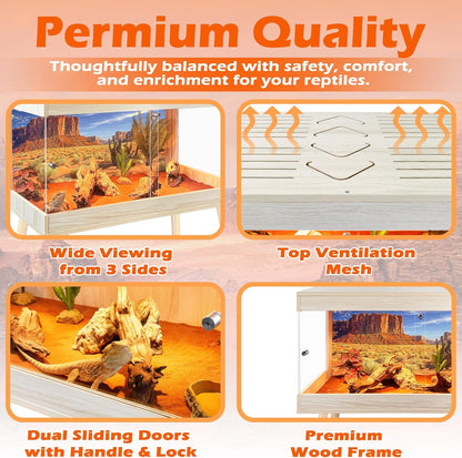 Royxen Tempered Glass Reptile Tank,Bearded Dragon Tank with Metal Mesh Top and Leg Stand,Reptile Enclosure,Lizard Tank for Chameleon,Snake,Lizard Habitat (Oak, 33 Gallons,32x16x16 Inch)