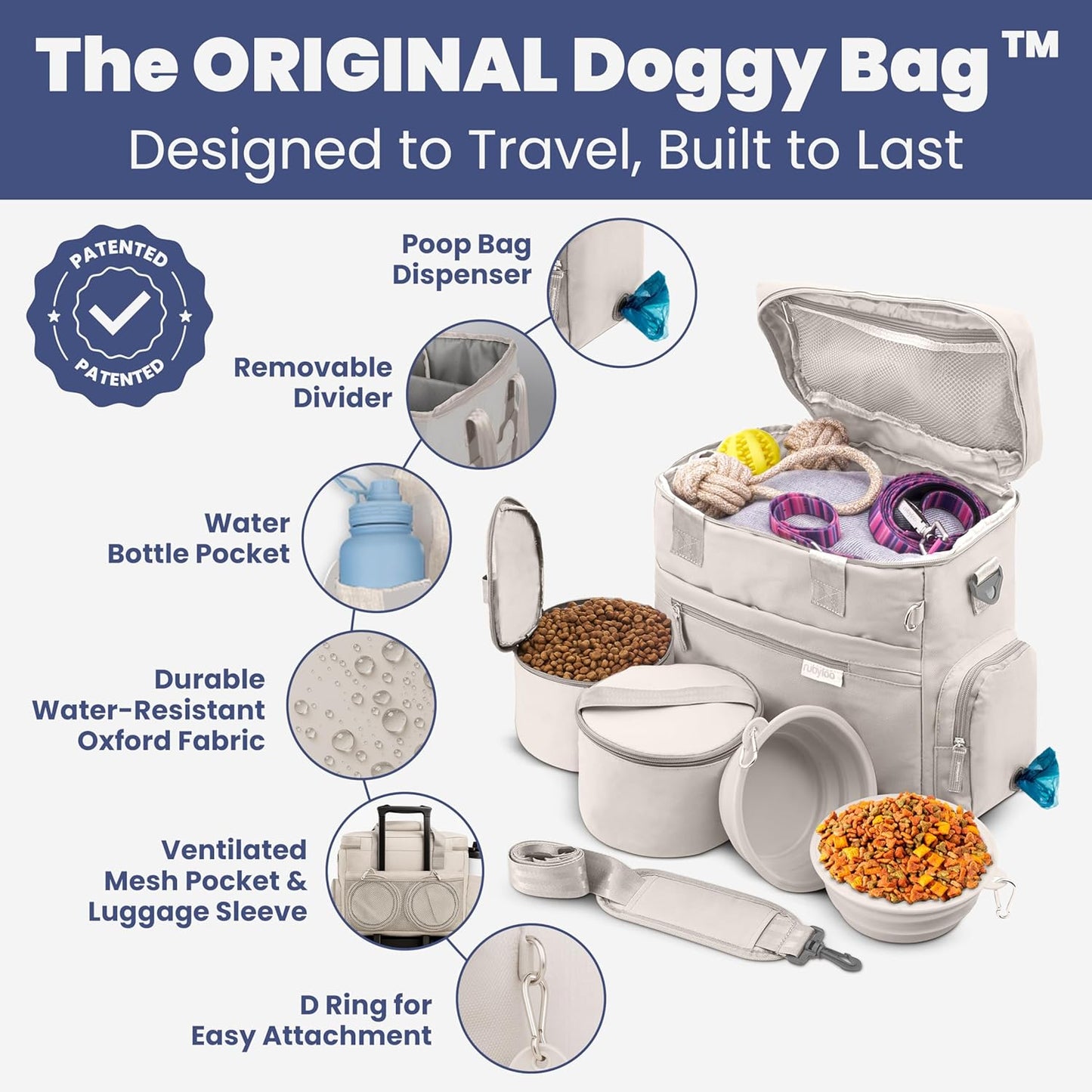 The Original Doggy Bag™- Dog Travel Bag for Supplies - Ultimate Gift for Dog Moms & Dads, Doggy Lovers & Pet Owners for Christmas- Includes 2 BPA-Free Travel Bowls and 2 Food Containers: Beige