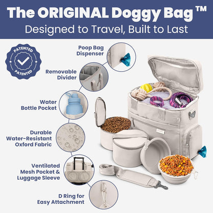The Original Doggy Bag™- Dog Travel Bag for Supplies - Ultimate Gift for Dog Moms & Dads, Doggy Lovers & Pet Owners for Christmas- Includes 2 BPA-Free Travel Bowls and 2 Food Containers: Beige