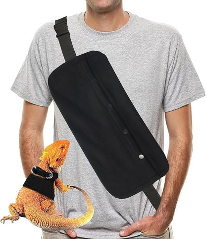 Bearded Dragon Leash and Harness Set, Beardie Carrier, Lizard Adjustable Harness with Leather Wings and Sling Bag, Reptile Small Pet Backpack Batwing Accessories (Black)