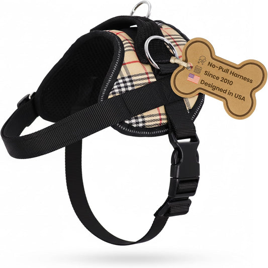 Bark Appeal Tan Plaid No-Pull Dog Harness for Large to Extra Large Sized Pets – Adjustable, Reflective Vest with 3 Leash Clips for Added Control, Easy Walks & Training – XL
