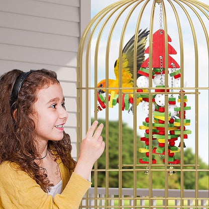 MEWTOGO Christmas Large Bird Toy - Natural Wooden Parrot Chewing Toy With Colorful Edible Blocks for Macaw African Grey Amazon Parrots, Xmas Gifts Bird Playing (Red)