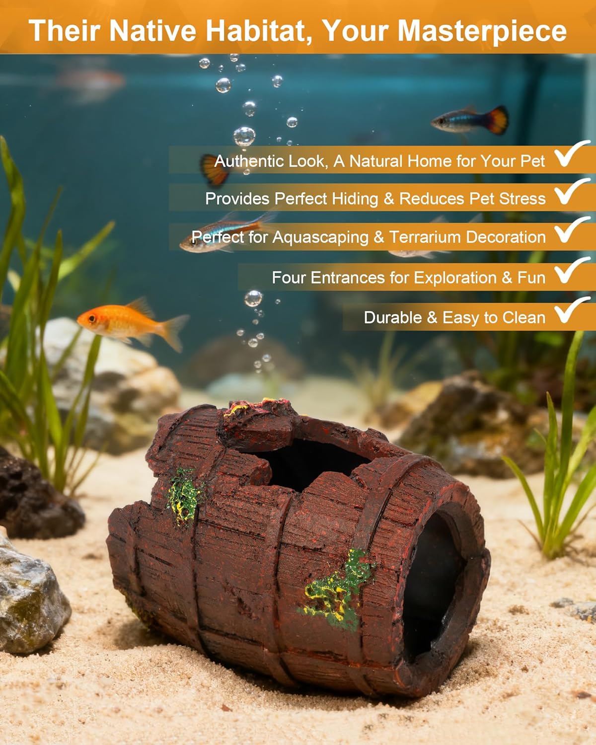 TRUVIC Fish Tank Decorations - Aquarium Cave Decor, Resin Hollow Tree Trunk Reptile Hide & Betta Log Hideout for 20 Gallon Tank, Fish Accessories Shelter Cave