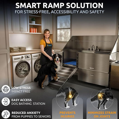 KANIS Professional Dog Washing Station - 304 Stainless Steel Pet Wash Sink & Grooming Bathtub w/Shower, Floor Grates and Storage for Large, Medium & Small Pets (61", 1 Drawer - Left Ramp)