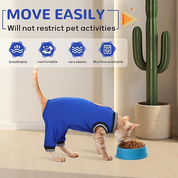 PUMYPOREITY Cat Recovery Suit for Hind Legs, Cat Surgical Spay Suit with Leg Sleeves to Stop Licking, Long Rear Sleeve Wound Cover Abdomen Kitten Onesie, Blue, L