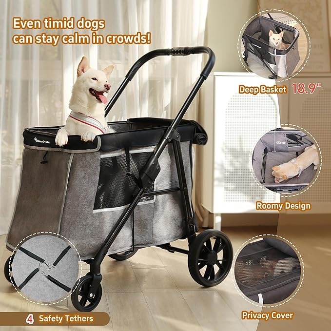 Medium Dog Stroller for Small to Large Dogs 4 Wheels Multi Pet Stroller for 4 Dogs Holds Up to 40lbs, One-Click Folding&Smooth Tires&Sunshade & Storage Basket (Gray, Medium)