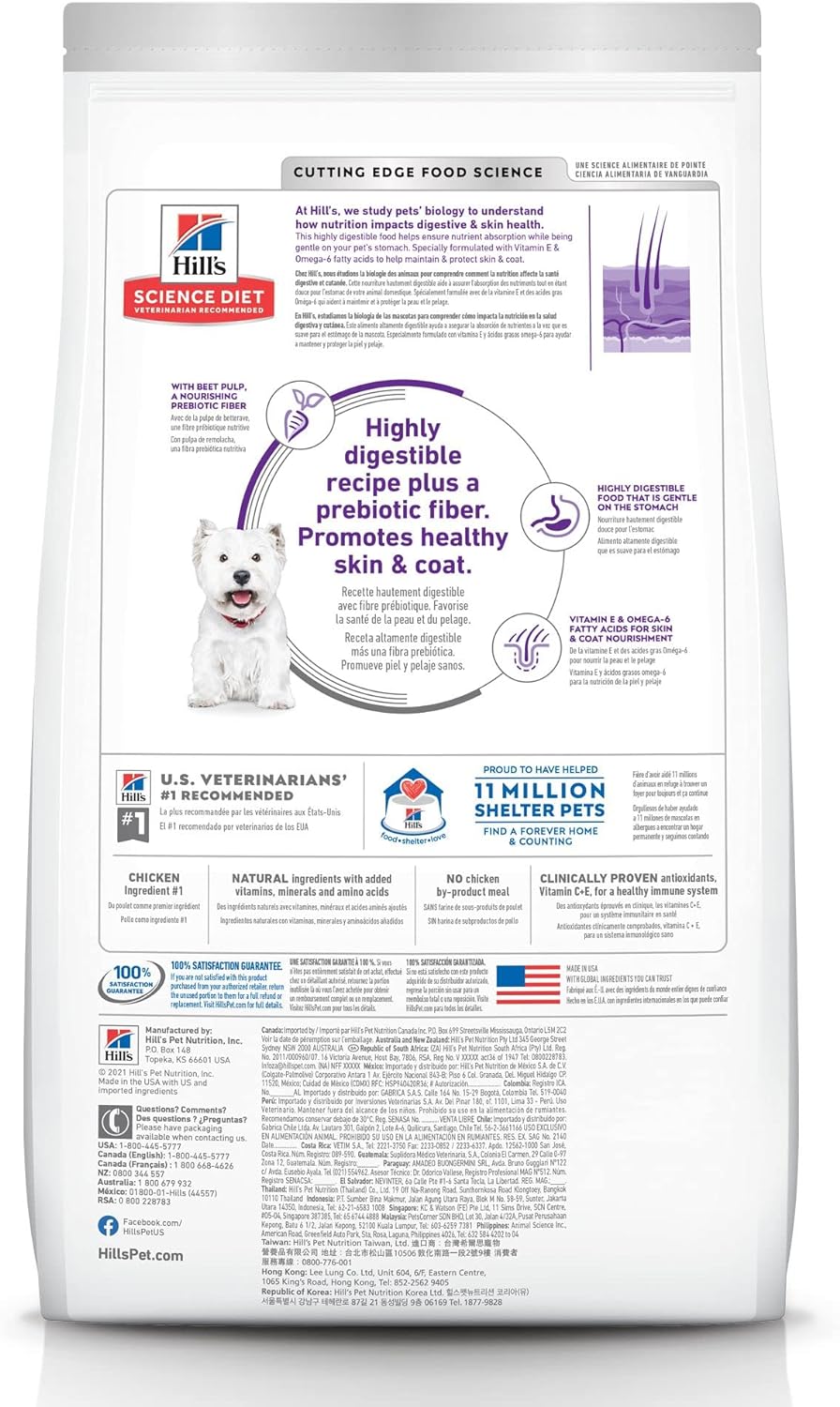 Hill's Science Diet Sensitive Stomach & Skin, Adult 1-6, Stomach & Skin Sensitivity Support, Small Kibble, Dry Dog Food, Chicken Recipe, 15 lb Bag