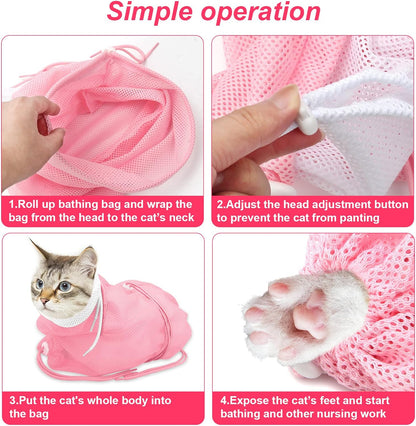 Breathable Mesh Shower Bag - Anti Scratch Adjustable Grooming for Nail Trimming, Bathing - Polyester Soft Cat Washing (White-Pink)