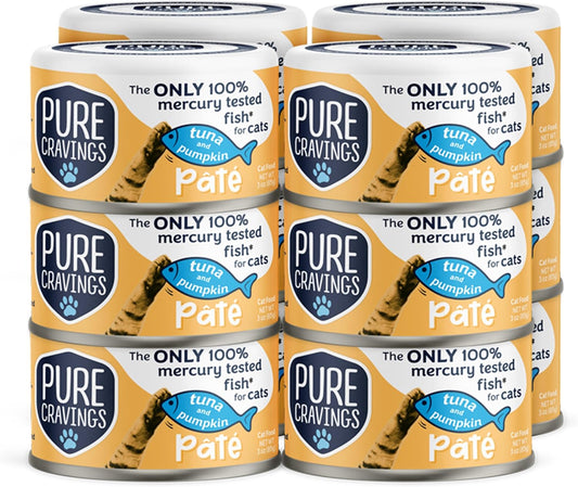 Pure Cravings Tuna and Pumpkin Pate, Canned Wet Cat Food, 100% Mercury-Tested, Moist Can Fish, Grain-Free Protein, Non-GMO, 12 Pack