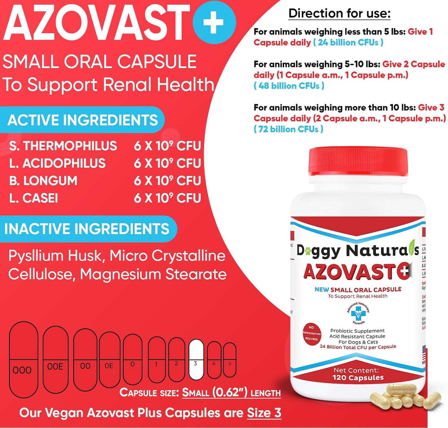Azovast Plus Kidney Health Supplement for Dogs & Cats, 240ct - NO Refrigeration Required - Help Support Kidney Function & Manage Renal Toxins - Renal Care Supplement Capsule(U.S.A) (240 Caps)
