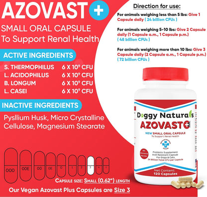 Azovast Plus Kidney Health Supplement for Dogs & Cats, 240ct - NO Refrigeration Required - Help Support Kidney Function & Manage Renal Toxins - Renal Care Supplement Capsule(U.S.A) (240 Caps)