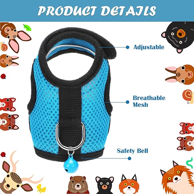 SATINIOR 2 Pieces Guinea Pig Clothes Baby Ferret Rats Hamster Soft Mesh Harness Leash Vest Set with Bell for Guinea Pigs, Hamster, Ferret, Rabbit, Chinchilla and Similar Small Animals(Blue, Black,L)