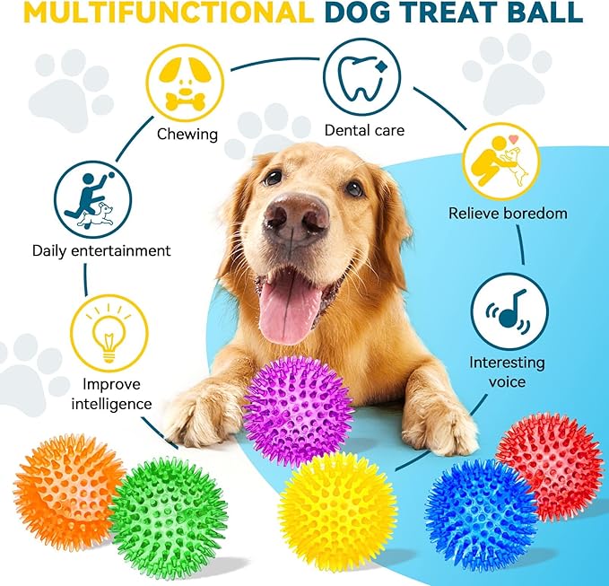 3.5” Large Dog Toys Ball, 6 Pack Squeaky oys, Durable for Aggressive Chewers, Spiky Ball for Clean Teeth and Training, Fetch Toys for Large Dogs, for Puppy Chew and Teething