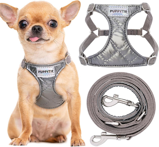 Puppytie No Pull xs Dog Harness with Multifunction Dog Leash,Soft Adjustable No Choke Escape Proof Pet Harness Vest,Glossy Grey,XS
