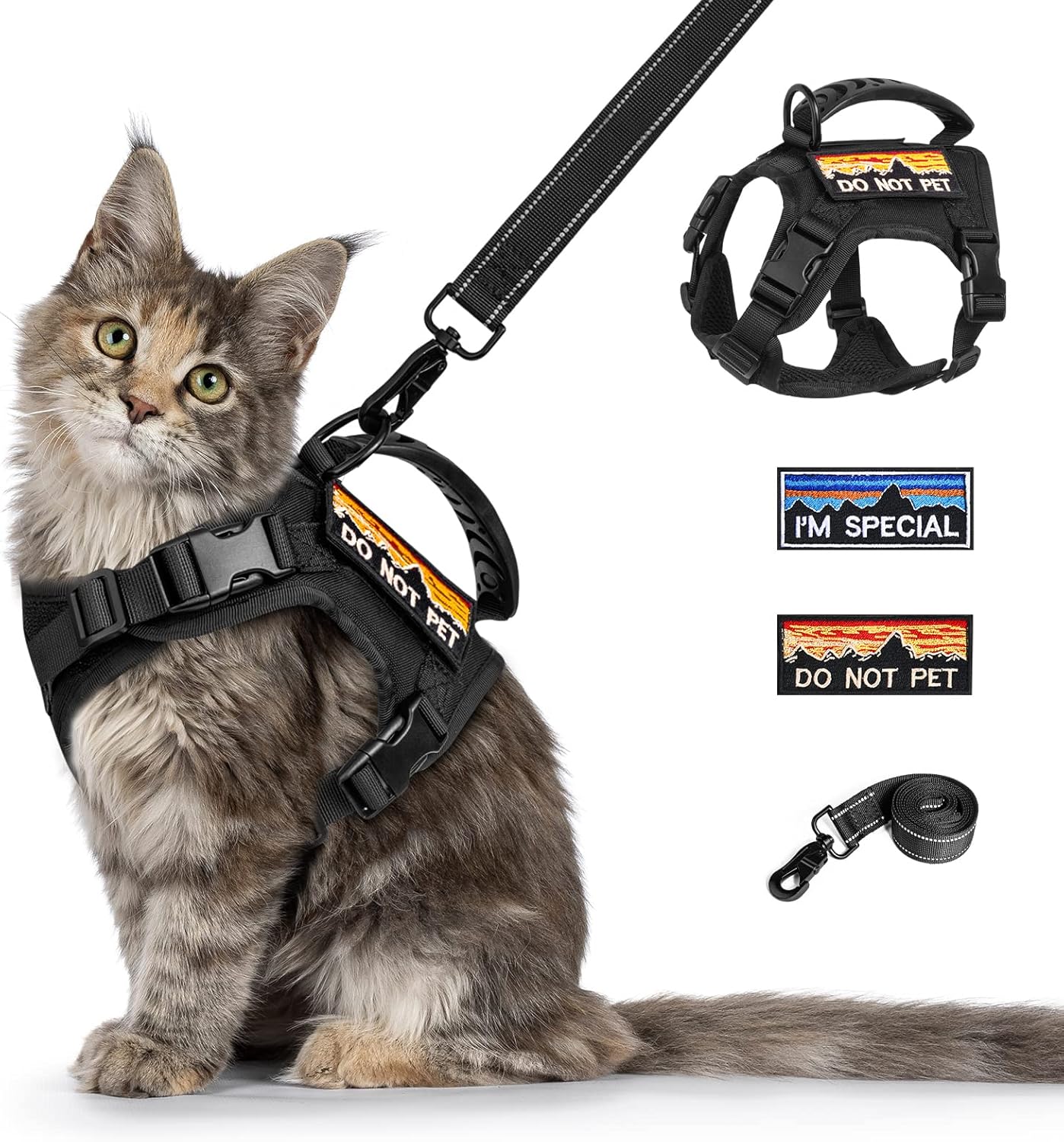 Tactical Cat Harness and Leash for Walking Esacpe Proof,Adjustable Soft Mesh Large Cat Vest with Rubber Handle Easy to Control,Molle Patches