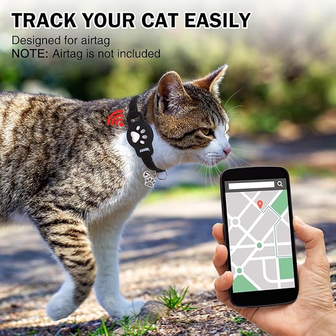 AirTag Cat Collar with Bells, Soft Velvet Cat Collar Breakaway with Airtag Holder, Safety Cat GPS Tracker Collars for Girl Boy Cats, Kittens and Puppies, Adjustable 8"-12"