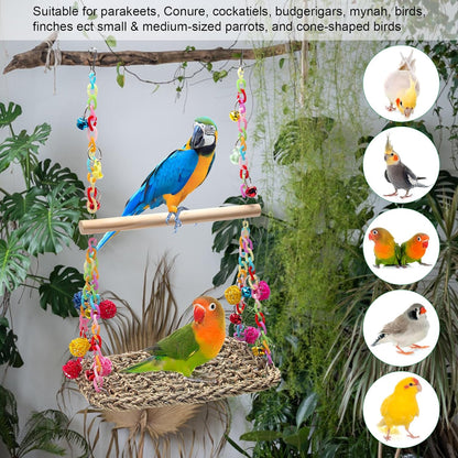Bird Swing Toys Coolrunner Bird Hammock Bed Hanging Swing Nest Cotton Weave Hemp Rope Bird Seagrass Swing Toys with Colorful Bells Bird Swing Toys for Parakeets, Budgie, Conure, Cockatiel
