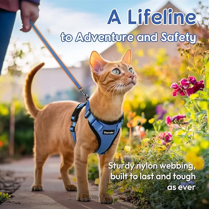 Dooradar Cat Harness and Leash Set, Escape Proof Safe Adjustable Kitten Vest Harnesses for Walking, Easy Control Soft Breathable Mesh Jacket with Reflective Strips for Cats, Blue, XS